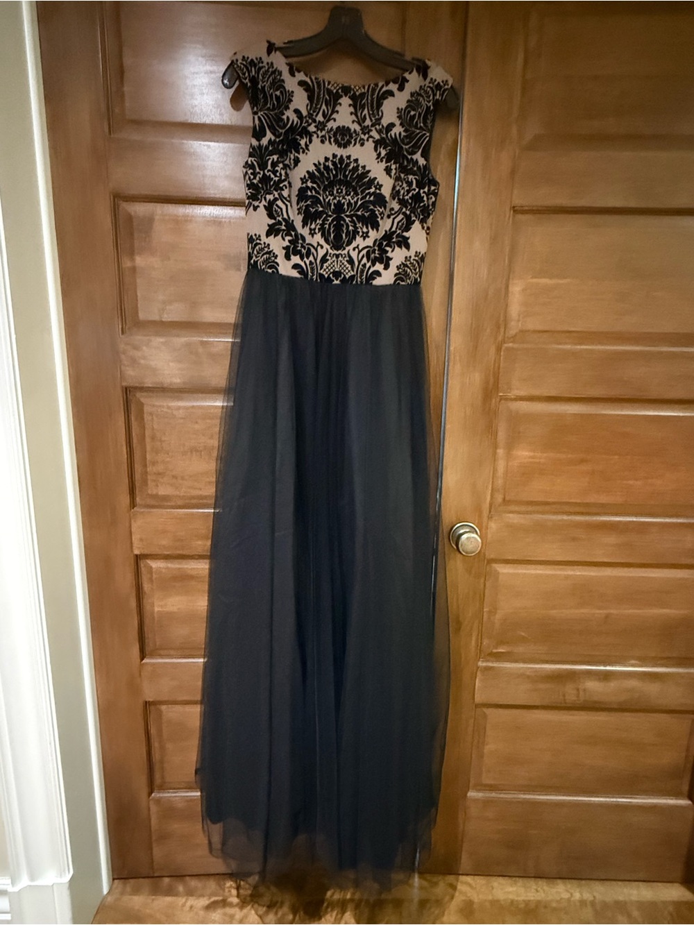 Aidan Mattox Black Tulle Maxi with Nude Damask Bodice